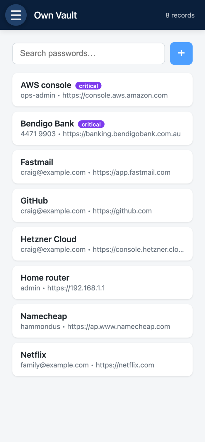 The password list, showing eight entries with two marked critical.