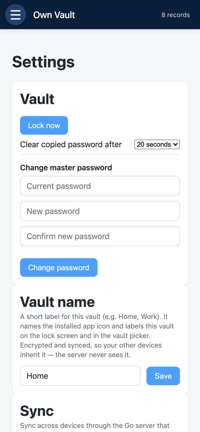 Settings, showing lock controls, the clipboard clear delay, change master password, and the vault name.