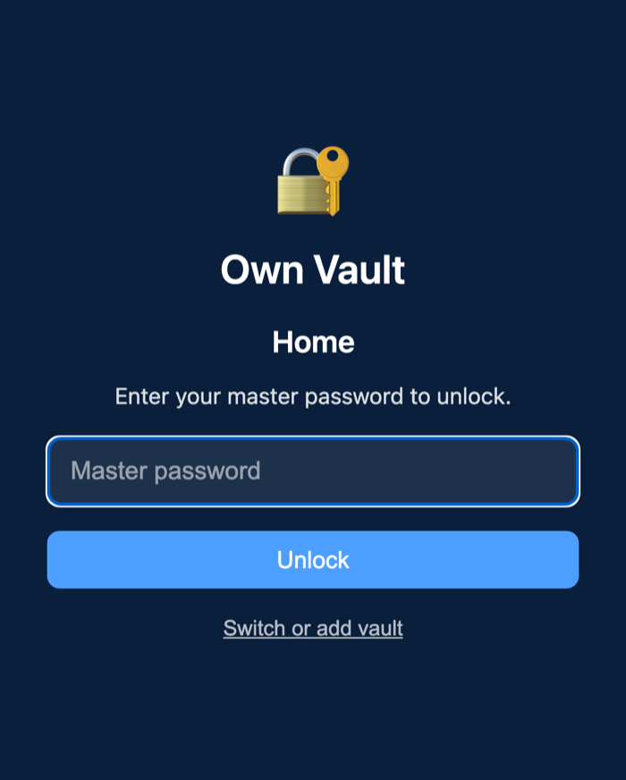 The Own Vault lock screen: a gold padlock, the vault name, and a master password field.